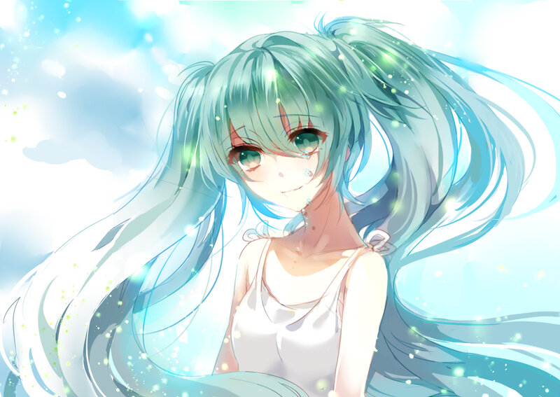 Anime Girl with Blue Hair — Serene, Digital Art, Sparkles