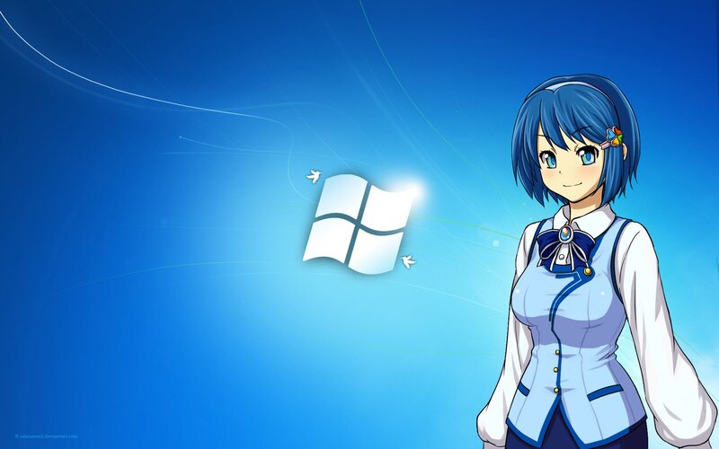 Anime Girl with Blue Hair — Serene, Digital Art, Windows Logo