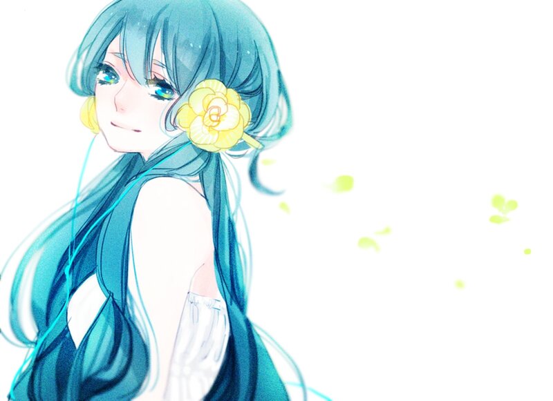 Anime Girl with Blue Hair — Serene, Digital Art, Yellow Flower