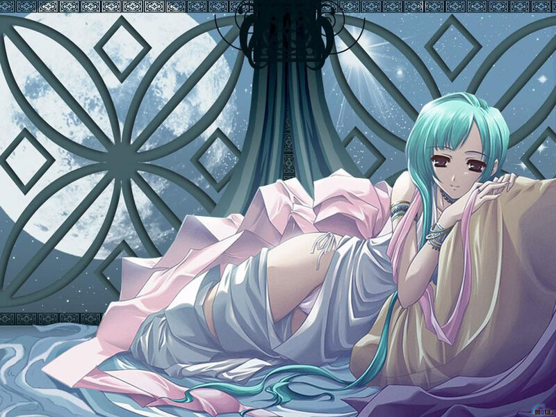 Anime Girl with Blue Hair — Serene, Night, Digital Art, Bed