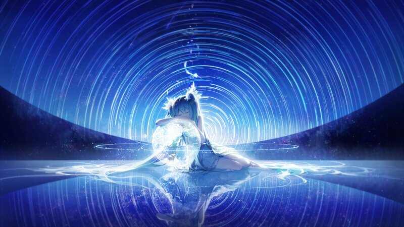 Anime Girl with Blue Hair — Serene, Night, Digital Art, Sphere