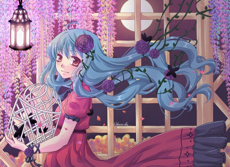Anime Girl with Blue Hair — Serene, Night, Digital Art, Wisteria