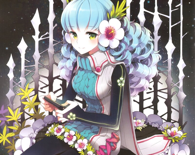 Anime Girl with Blue Hair — Serene, Night, Flower