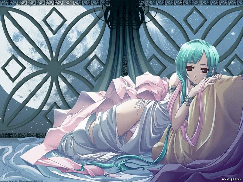 Anime Girl with Blue Hair — Serene, Night, Moon