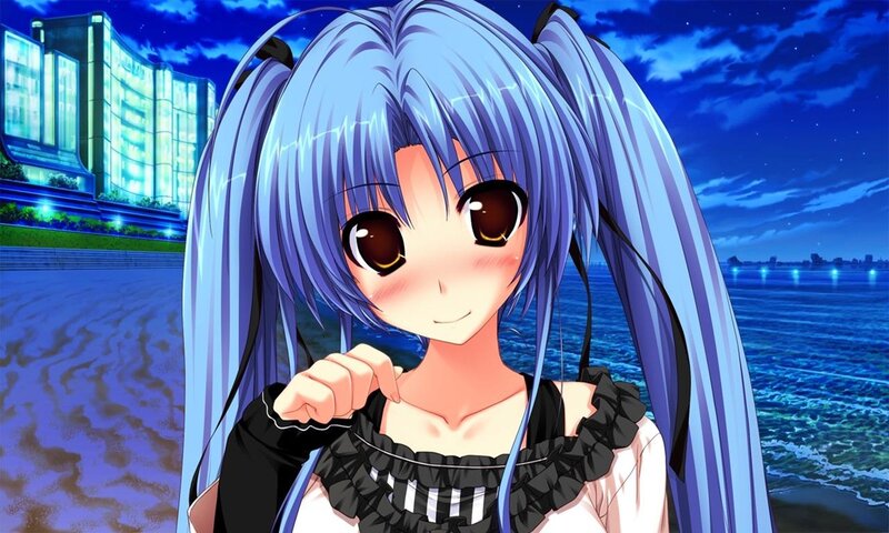 Anime Girl with Blue Hair — Serene, Night, Ocean