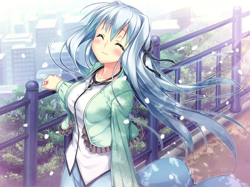 Anime Girl with Blue Hair — Serene, Spring, Cityscape, Railing