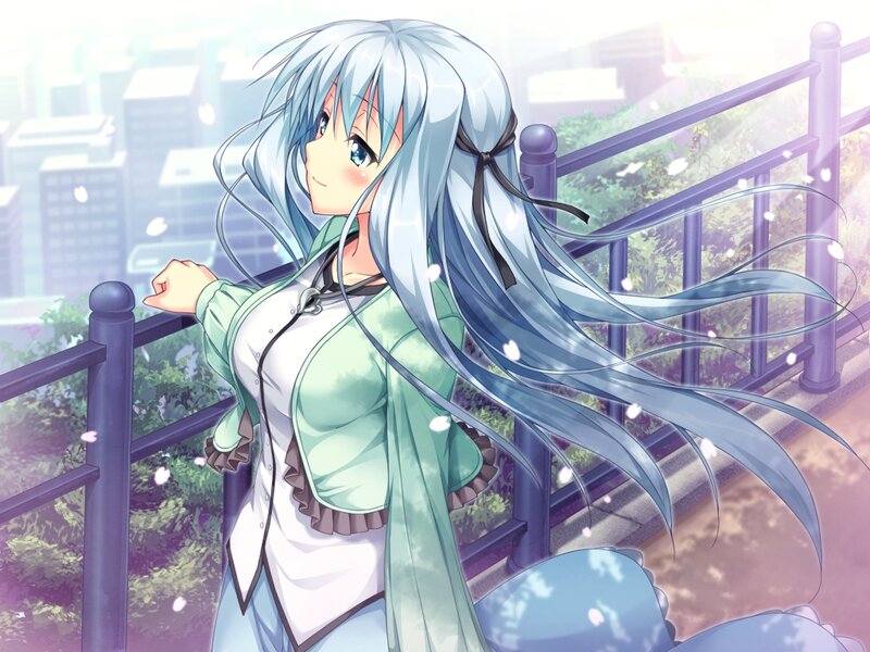 Anime Girl with Blue Hair — Serene, Spring, Cityscape