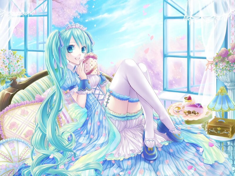 Anime Girl with Blue Hair — Serene, Spring, Digital Art, Cake