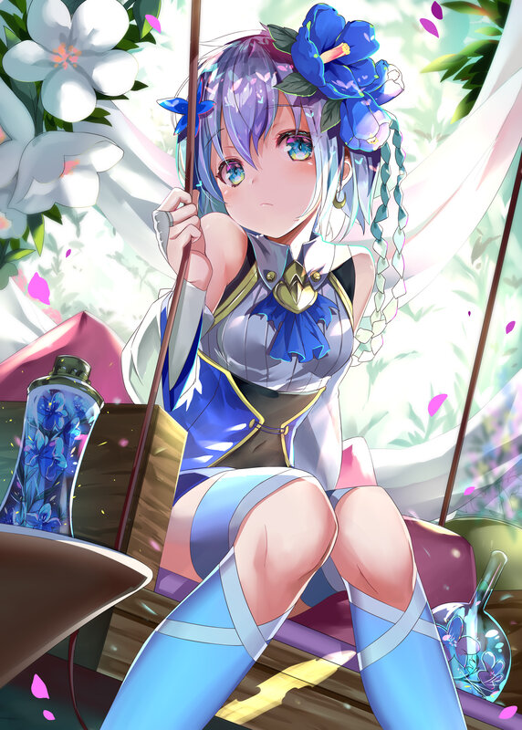Anime Girl with Blue Hair — Serene, Spring, Digital Art, Flowers, Bottle