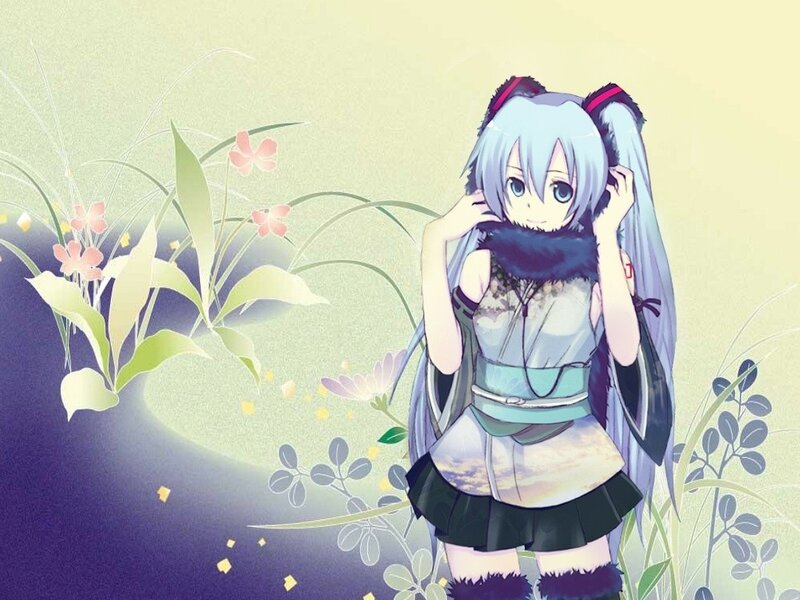 Anime Girl with Blue Hair — Serene, Spring, Digital Art, Flowers, Plants