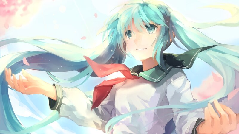 Anime Girl with Blue Hair — Serene, Spring, Digital Art, School Uniform