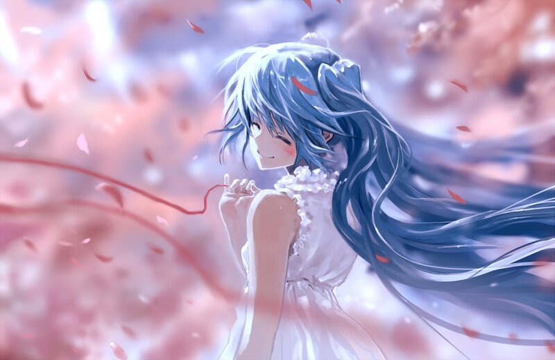 Anime Girl with Blue Hair — Serene, Spring, Digital Art, White Dress, Flower Petals