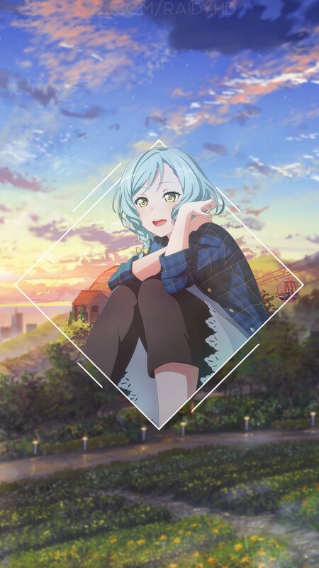 Anime Girl with Blue Hair — Serene, Sunset, Cable Car