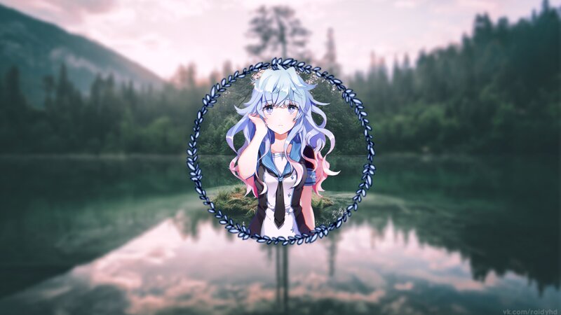 Anime Girl with Blue Hair — Serene, Sunset, Digital Art, Lake