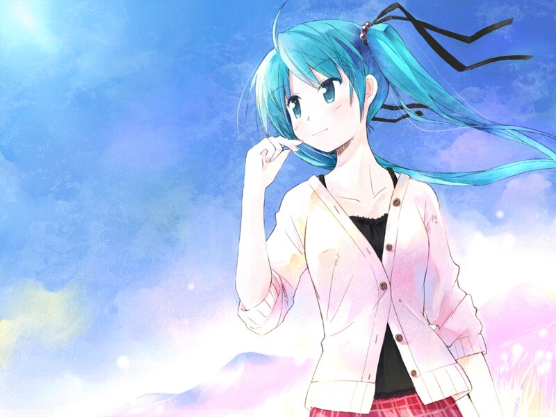 Anime Girl with Blue Hair — Serene, Sunset, Digital Art