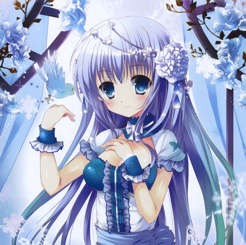 Anime Girl with Blue Hair — Serene, Winter, Blue Roses