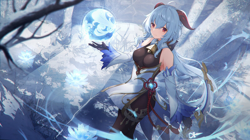 Anime Girl with Blue Hair — Serene, Winter, Digital Art, Magic Sphere