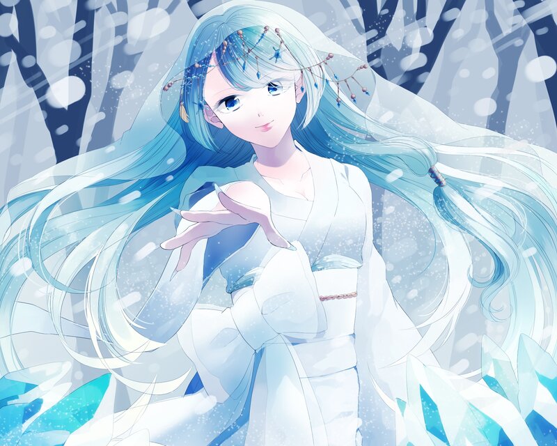 Anime Girl with Blue Hair — Serene, Winter, Digital Art, Snow