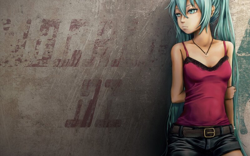 Anime Girl with Blue Hair — Serious, Digital Art, Wall, Tank Top