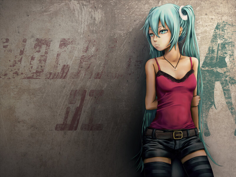 Anime Girl with Blue Hair — Serious, Digital Art, Wall