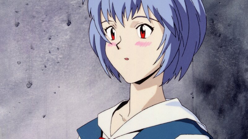 Anime Girl with Blue Hair — Serious, Red Eyes