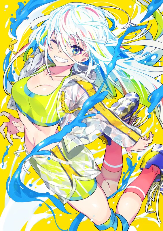 Anime Girl with Blue Hair — Yellow, Energetic, Digital Art