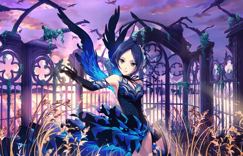 Anime Girl with Blue Wings — Dramatic, Sunset