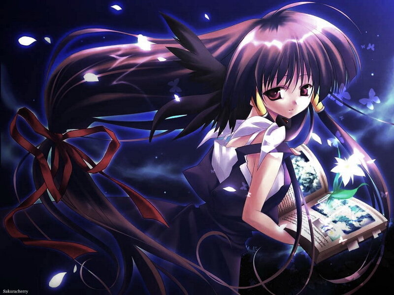 Anime girl with book and flowers