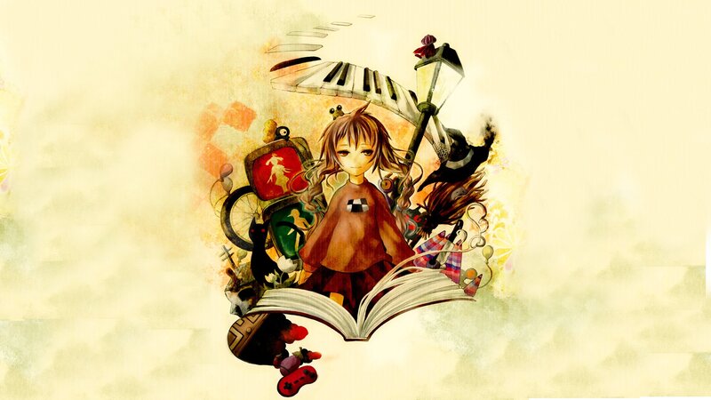 anime girl with book and objects