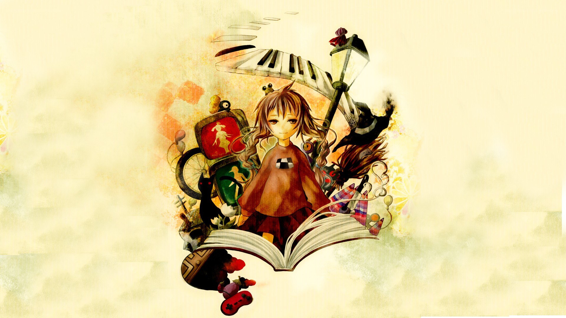 anime girl with book and objects