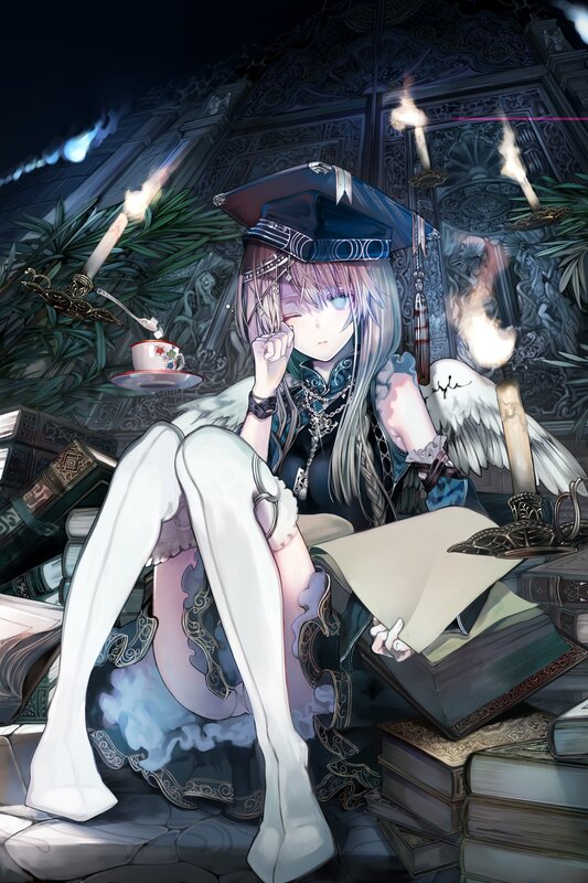 anime girl with book and tea