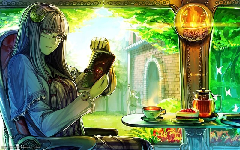 Anime girl with book and tea