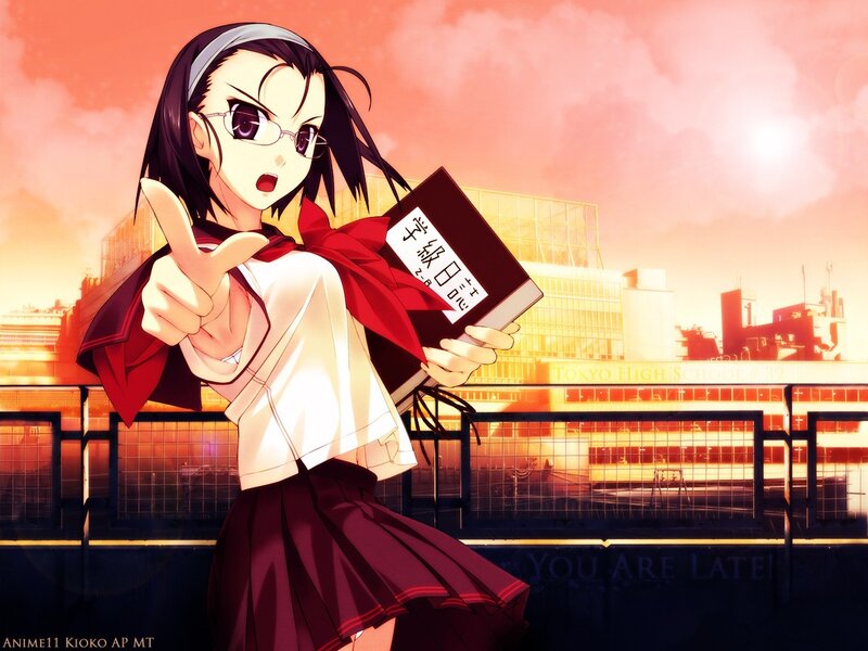 anime girl with book at school