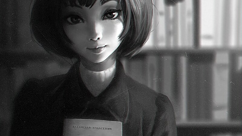 Anime Girl with Book — Black, Dramatic, Digital Art