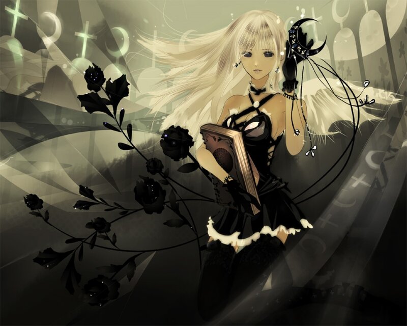 Anime Girl with Book — Black, Dramatic, Night
