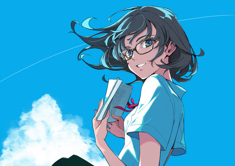Anime Girl with Book — Blue, Serene, Afternoon, Glasses