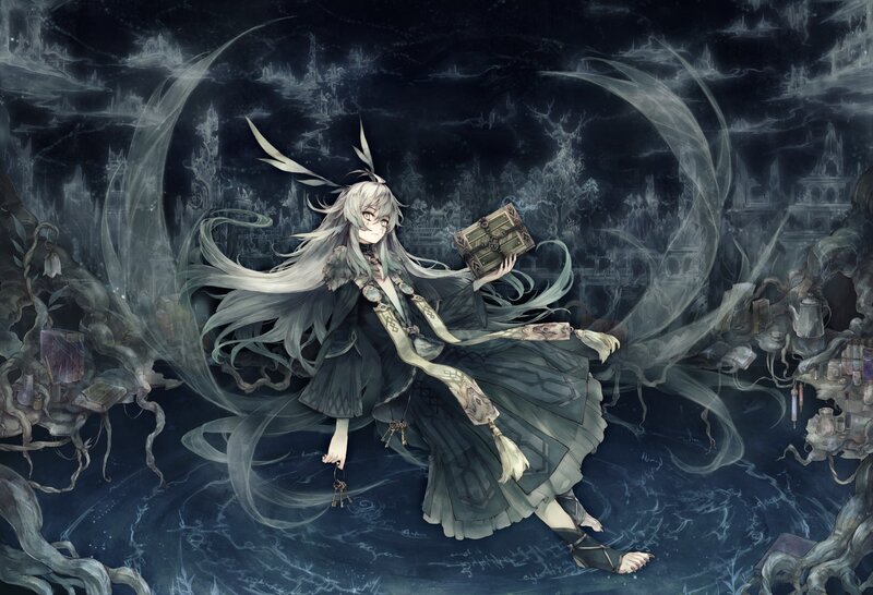 anime girl with book in dark realm