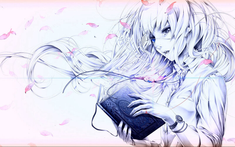 Anime Girl with Book — White, Serene, Digital Art, Petals