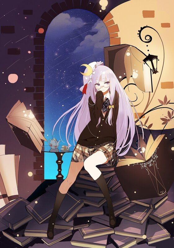 Anime girl with books and moon