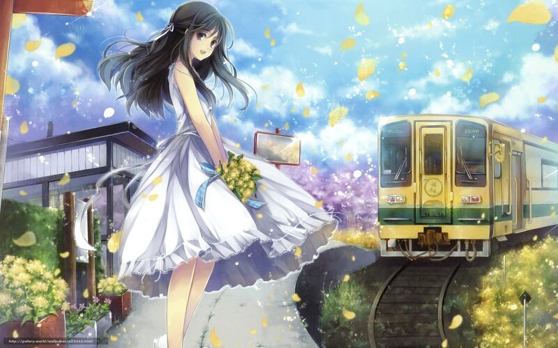 Anime girl with bouquet at train station