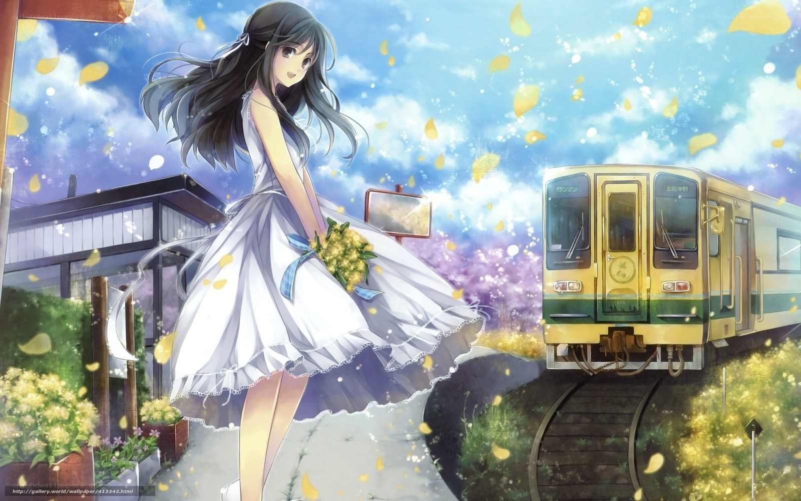Anime girl with bouquet at train station