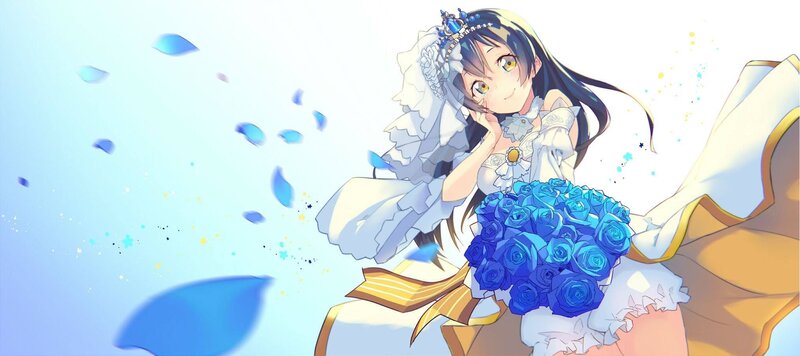 Anime Girl with Bouquet — Blue, Joyful
