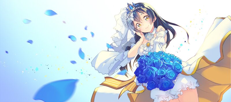 Anime Girl with Bouquet — Blue, Serene, Flowers