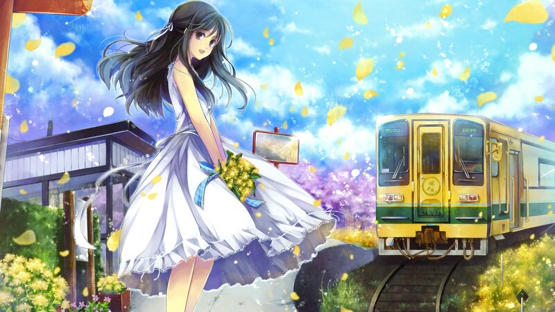 Anime Girl with Bouquet — Blue, Serene, Spring