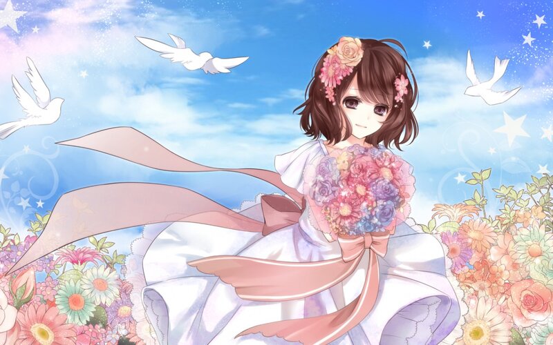 Anime Girl with Bouquet — Blue, Serene