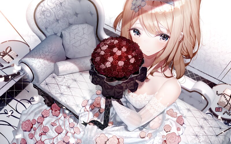 Anime Girl with Bouquet — White, Calm
