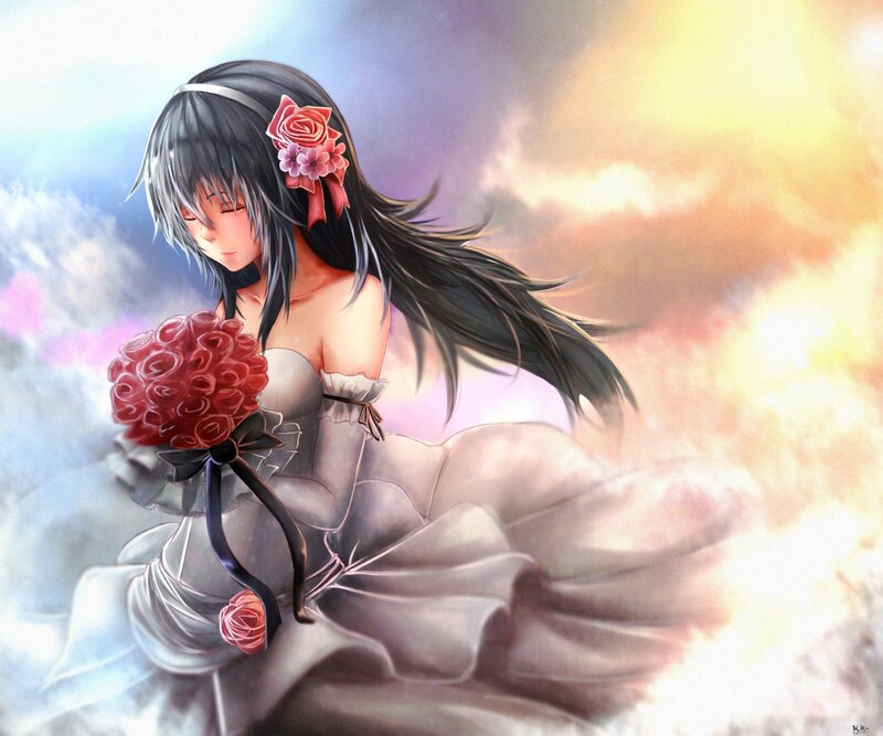 Anime Girl with Bouquet — White, Dramatic