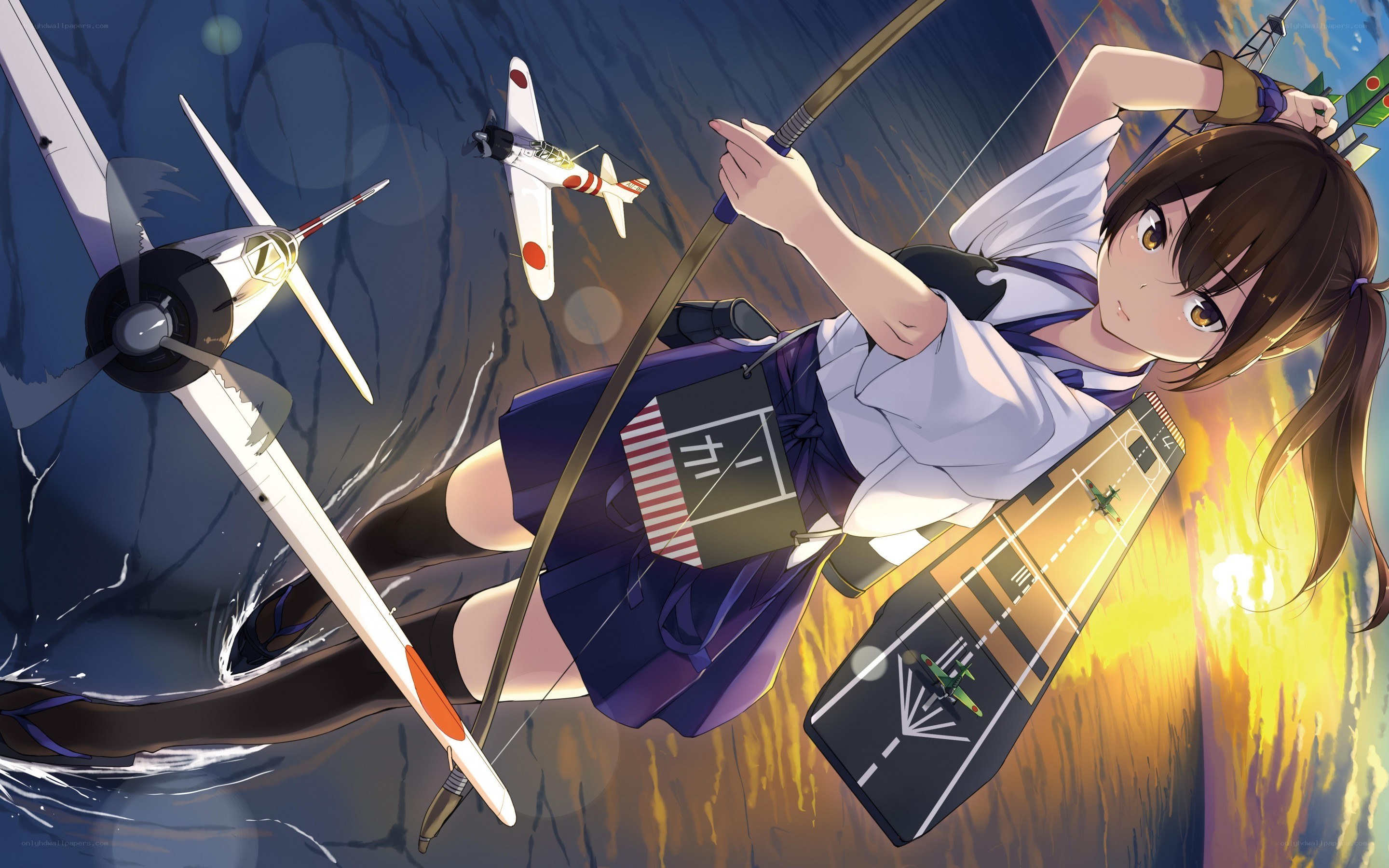 anime girl with bow and planes