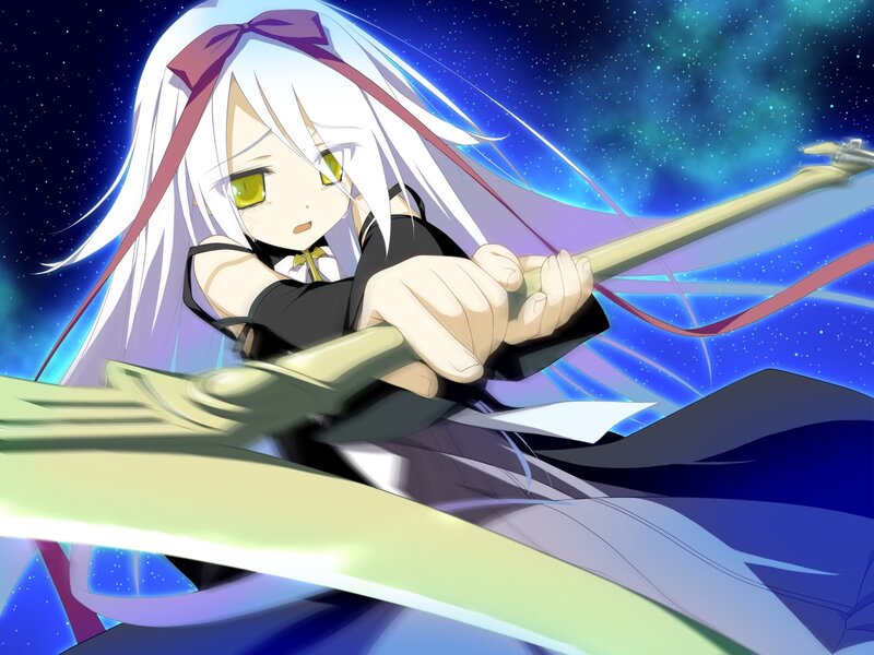 Anime Girl with Bow — Blue, Dramatic, Night, Sword