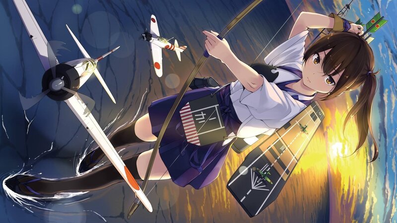 Anime Girl with Bow — Blue, Dramatic, Sunset, Airplanes